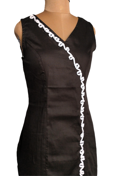 Black cotton Wrap-Style A-line Dress with White Embroidered Trim - Lataree