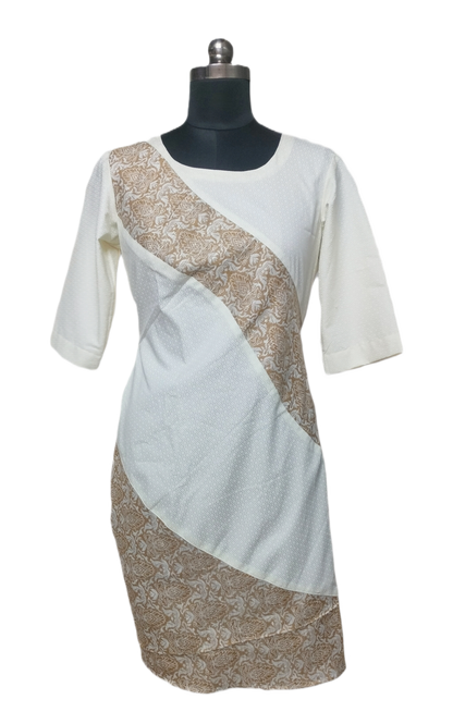 LATAREE White & Beige A-Line Panel Dress – Sophisticated Comfort for Every Occasion