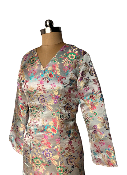 Cream Floral Embroidered Bodycon Dress with Flared Sleeves - Lataree