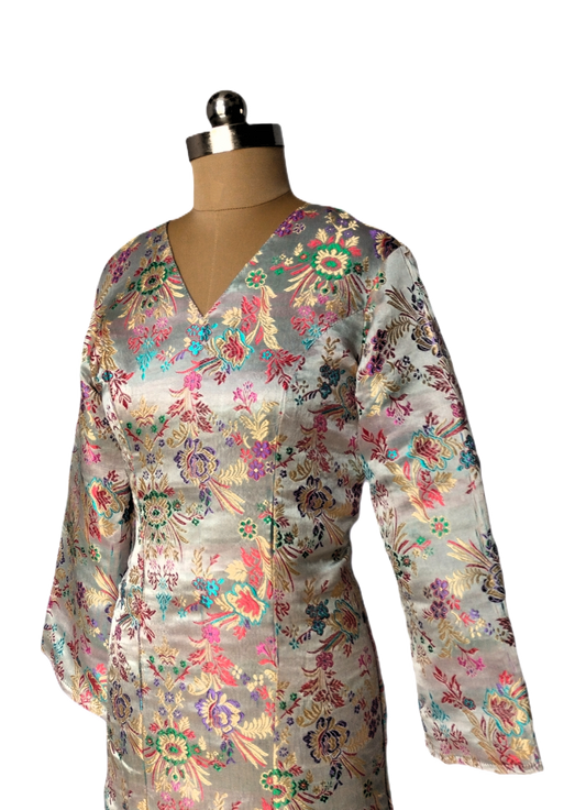 Cream Floral Embroidered Bodycon Dress with Flared Sleeves - Lataree