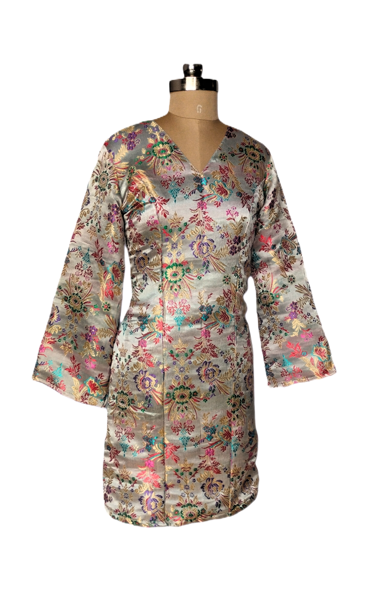 Cream Floral Embroidered Bodycon Dress with Flared Sleeves