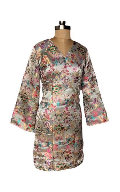 Cream Floral Embroidered Bodycon Dress with Flared Sleeves - Lataree