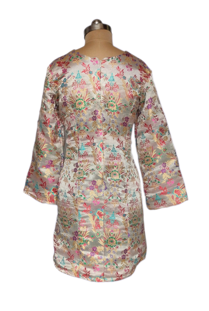 Cream Floral Embroidered Bodycon Dress with Flared Sleeves - Lataree