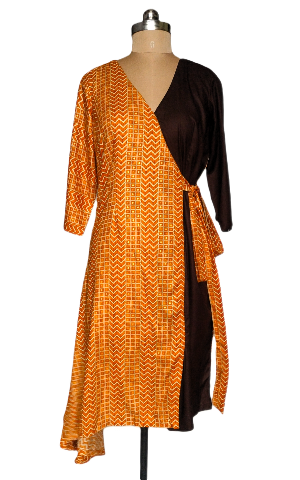 Mustard and Brown Wrap Midi Dress with Geometric Print