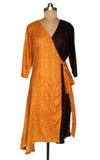 Mustard and Brown Wrap Midi Dress with Geometric Print
