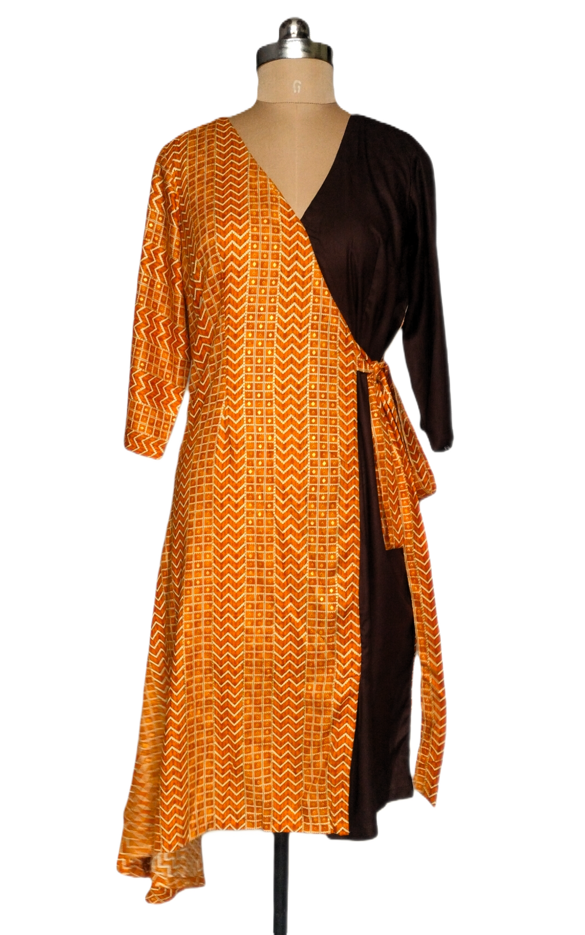 Mustard and Brown Wrap Midi Dress with Geometric Print