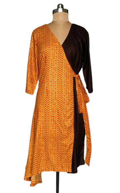Mustard and Brown Wrap Midi Dress with Geometric Print - Lataree