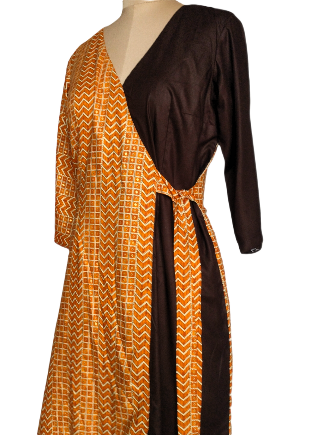 Mustard and Brown Wrap Midi Dress with Geometric Print