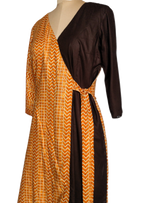 Mustard and Brown Wrap Midi Dress with Geometric Print