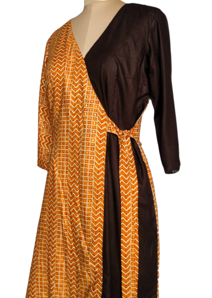 Mustard and Brown Wrap Midi Dress with Geometric Print - Lataree