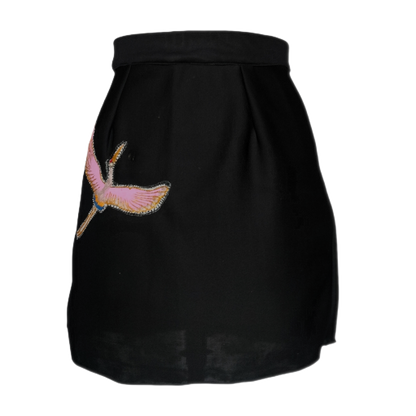 Black A-Line Skirt with Pink Swan Embroidery - Lataree