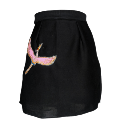Black A-Line Skirt with Pink Swan Embroidery - Lataree