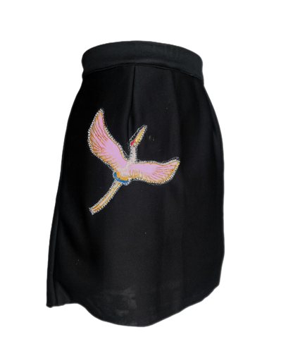Black A-Line Skirt with Pink Swan Embroidery - Lataree
