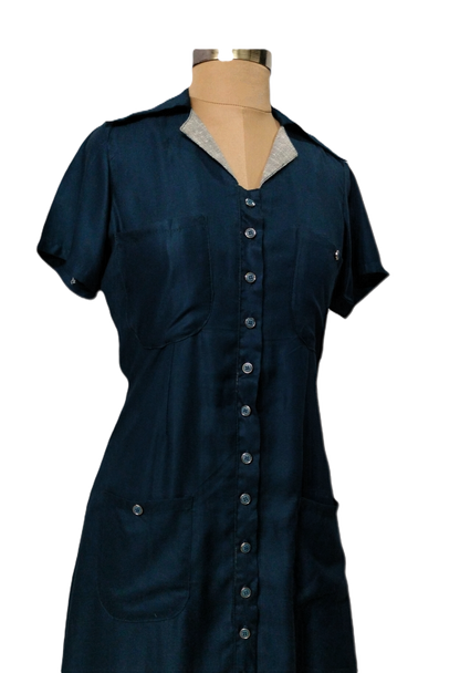 LATAREE Navy Blue Button-Down Shirt Dress with Pockets – Skin-Friendly & Stylish