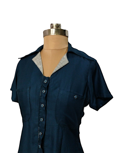 LATAREE Navy Blue Button-Down Shirt Dress with Pockets – Skin-Friendly & Stylish