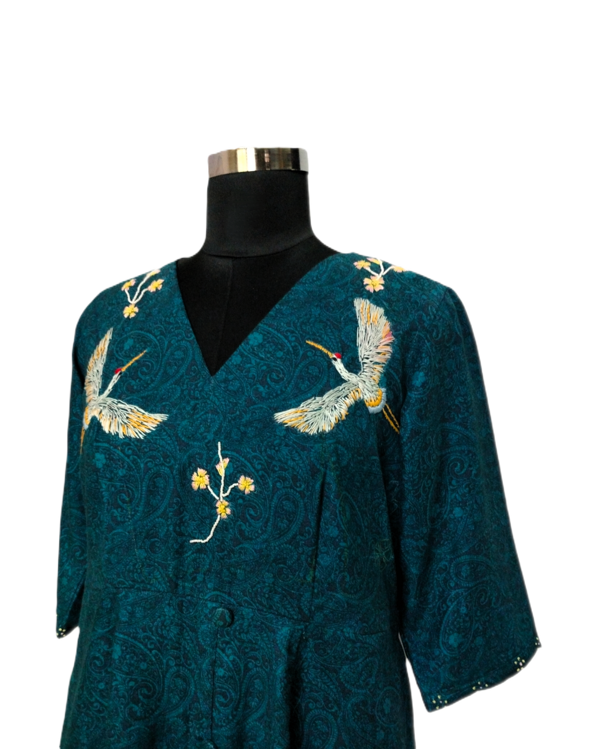 Teal Midi Dress with Handcrafted Swan Embroidery & Dual Pockets