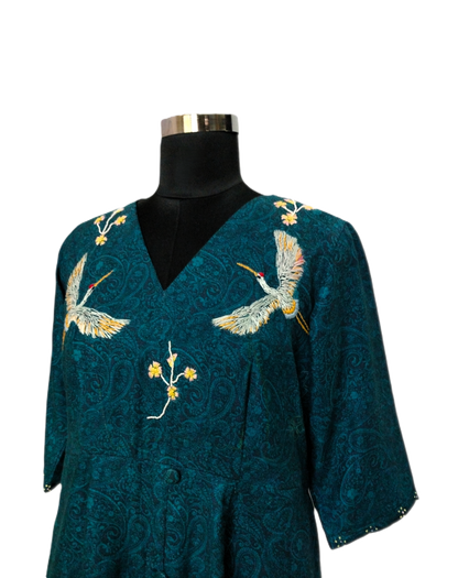 Teal Midi Dress with Handcrafted Swan Embroidery & Dual Pockets - Lataree