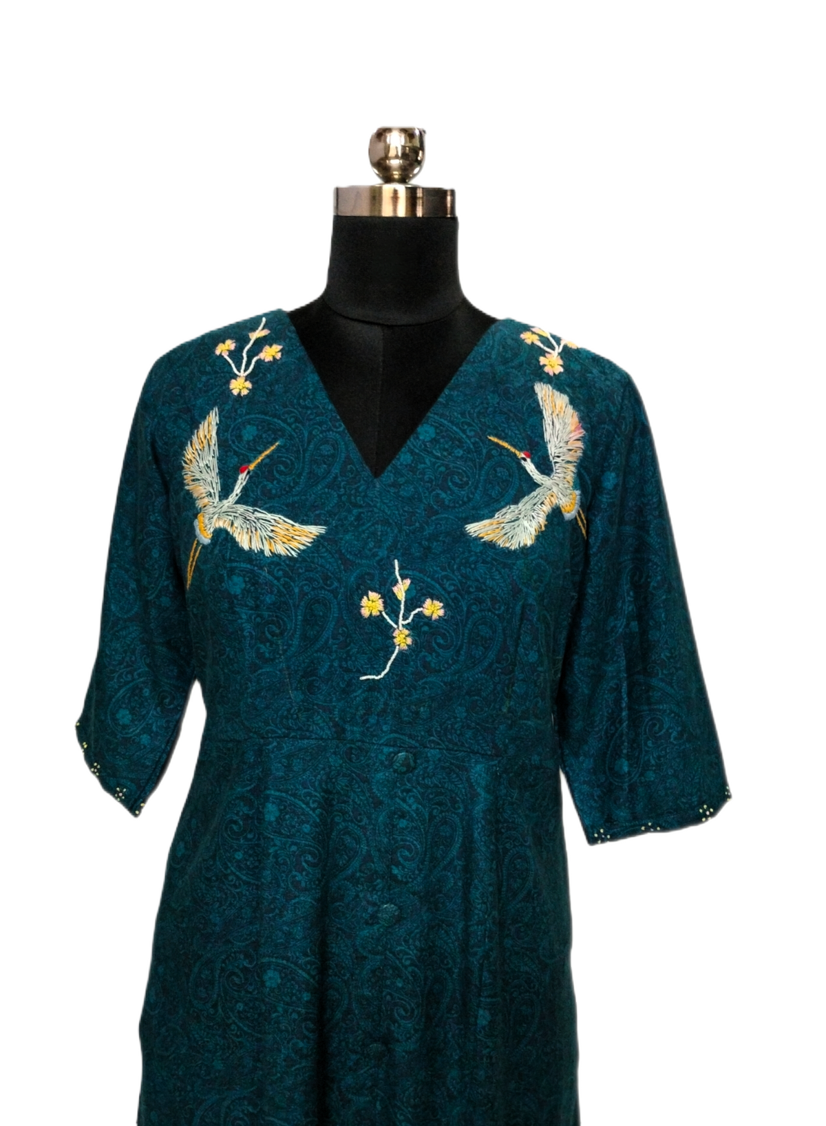 Teal Midi Dress with Handcrafted Swan Embroidery & Dual Pockets