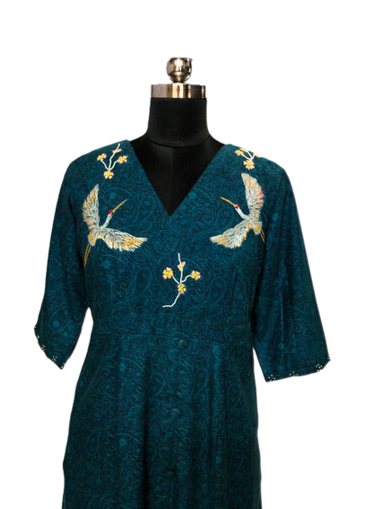 Teal Midi Dress with Handcrafted Swan Embroidery & Dual Pockets - Lataree