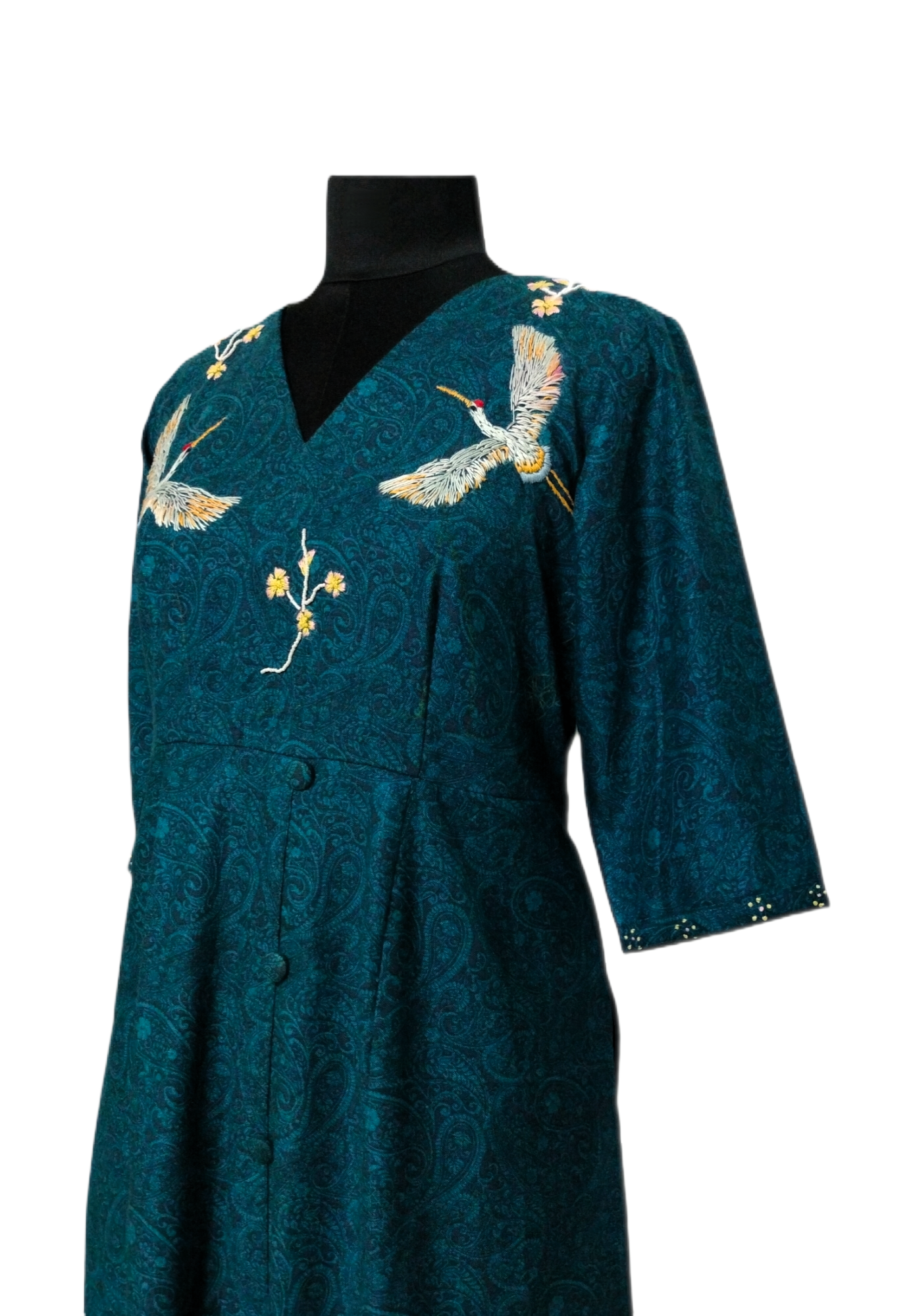 Teal Midi Dress with Handcrafted Swan Embroidery & Dual Pockets