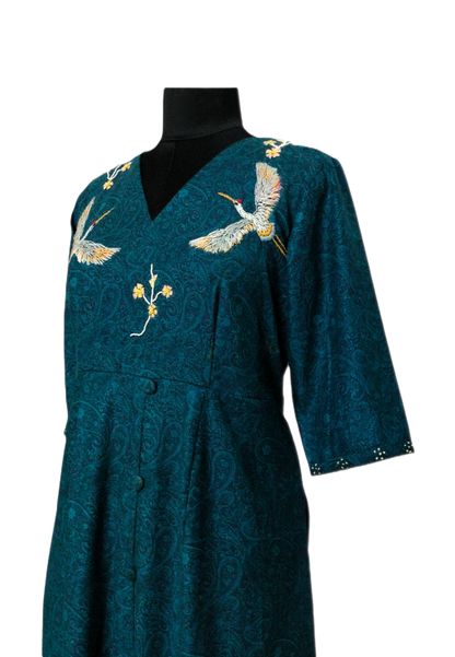 Teal Midi Dress with Handcrafted Swan Embroidery & Dual Pockets - Lataree