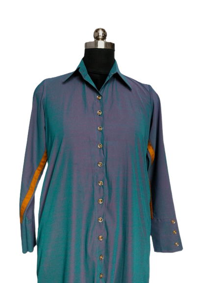 LATAREE Blue Shirt Dress with Mustard Stripes & Dual Side Pockets – Chic & Functional
