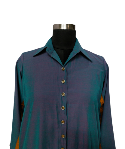 LATAREE Blue Shirt Dress with Mustard Stripes & Dual Side Pockets – Chic & Functional
