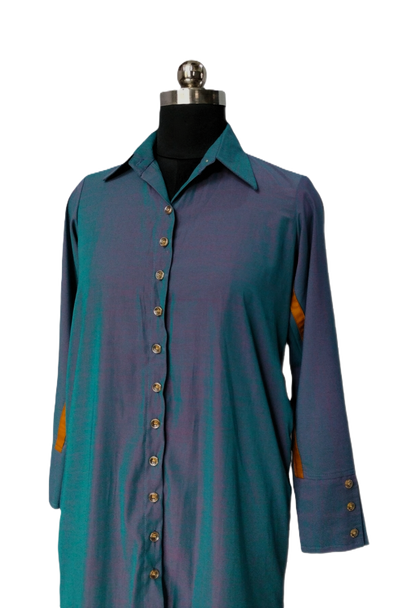 LATAREE Blue Shirt Dress with Mustard Stripes & Dual Side Pockets – Chic & Functional