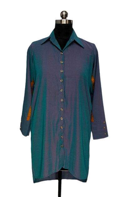 LATAREE Blue Shirt Dress with Mustard Stripes & Dual Side Pockets – Chic & Functional
