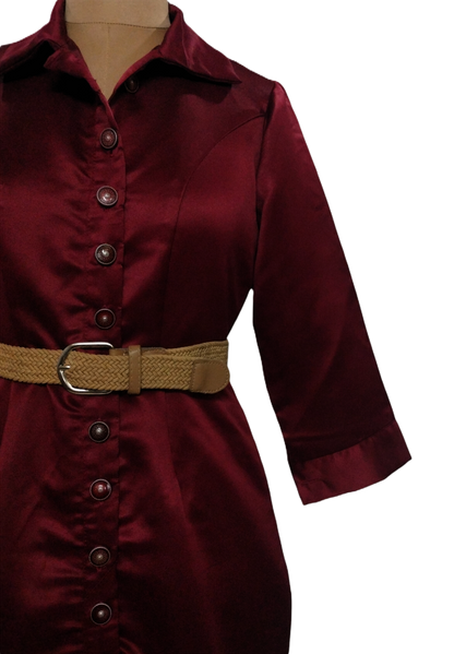 Maroon Button-Down Midi Dress with Ruffle Hem - Lataree