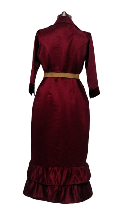 Maroon Button-Down Midi Dress with Ruffle Hem - Lataree
