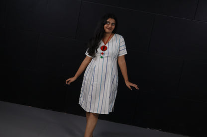 LATAREE Cream Striped A-Line Dress – Soft Fabric & Timeless Design