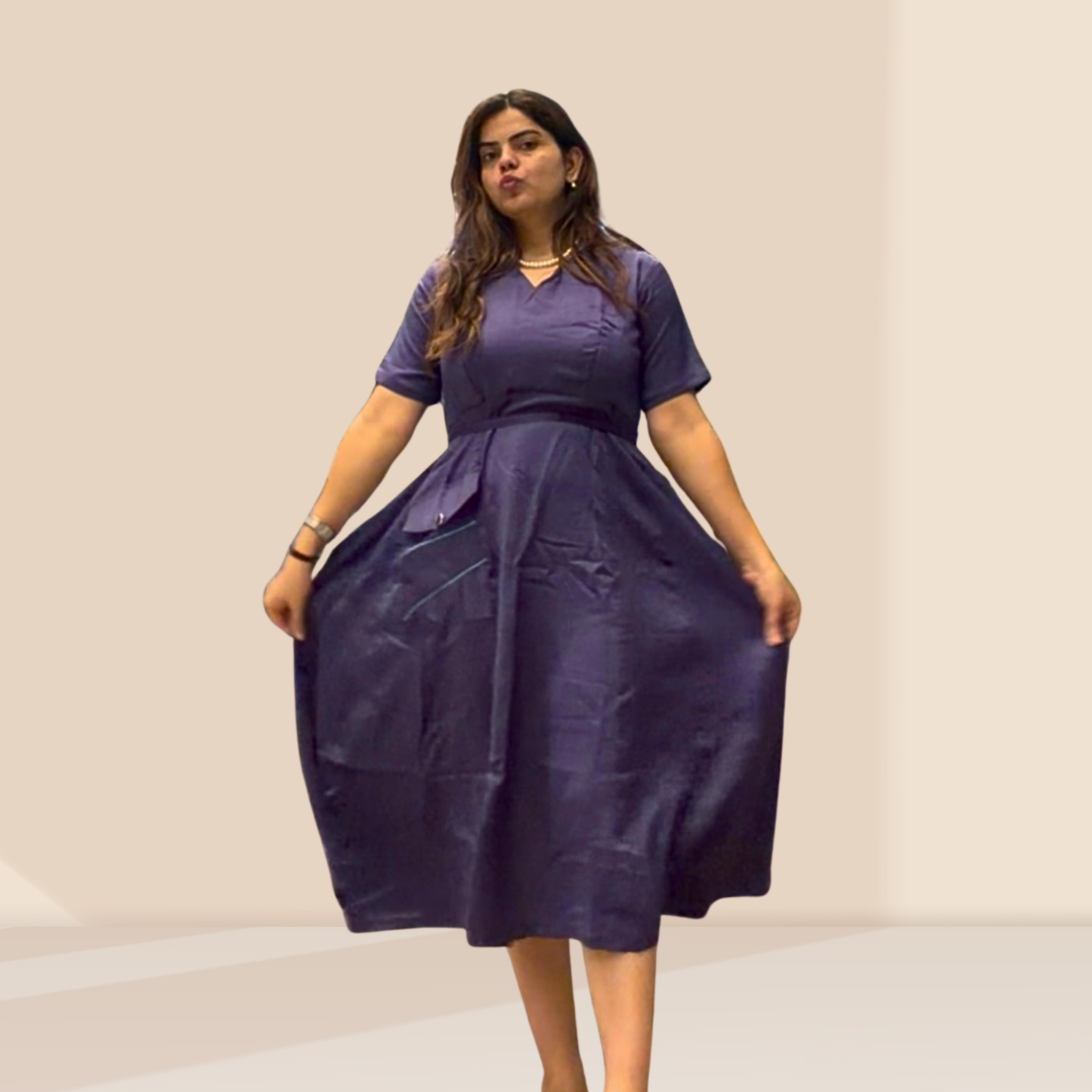 Purple Modal Silk Midi Dress with Pockets