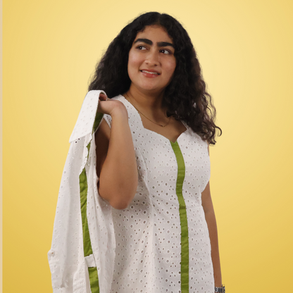 White Bodycon Dress with Green Detailing, Jacket & Pockets - Lataree