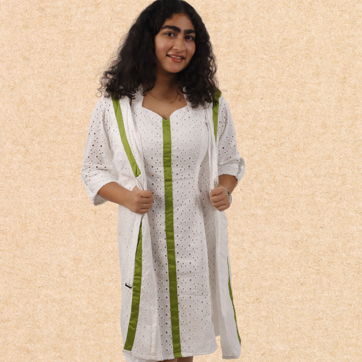White Bodycon Dress with Green Detailing, Jacket & Pockets