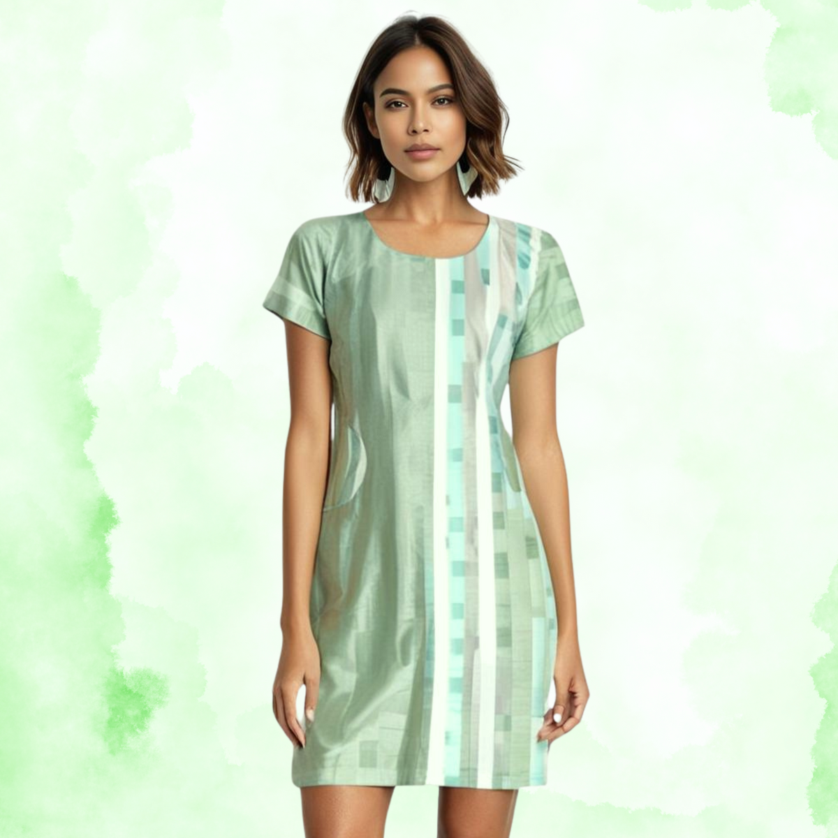 Mint Green Mini Dress with Patch Pockets & Abstract Stripes - Lataree