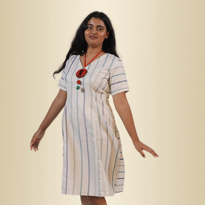 LATAREE Cream Striped A-Line Dress – Soft Fabric & Timeless Design