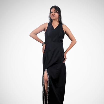 Black sleeveless gown with beaded slit - Lataree