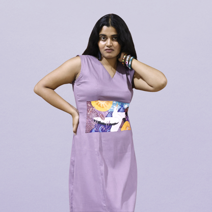 Lavender Hand-Painted Swan Panel A-line Dress - Lataree