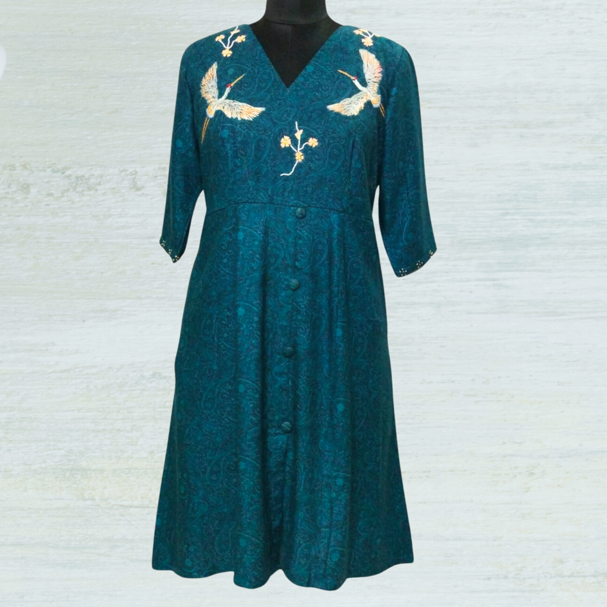 Teal Midi Dress with Handcrafted Swan Embroidery & Dual Pockets