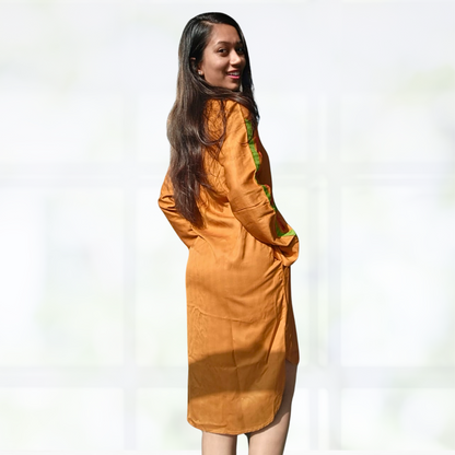 LATAREE Mustard Button-Down Dress with Green Waist Accents & Pockets – Stylish & Functional