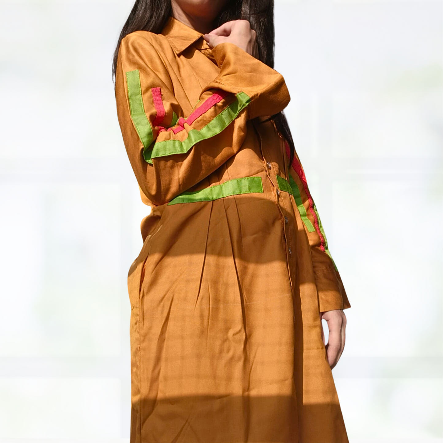 LATAREE Mustard Button-Down Dress with Green Waist Accents & Pockets – Stylish & Functional
