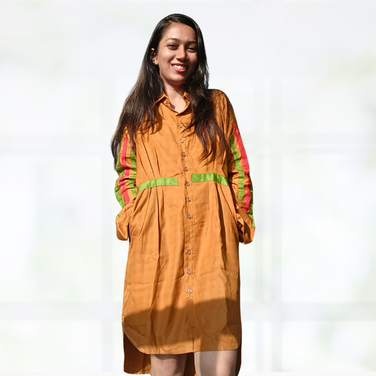 LATAREE Mustard Button-Down Dress with Green Waist Accents & Pockets – Stylish & Functional