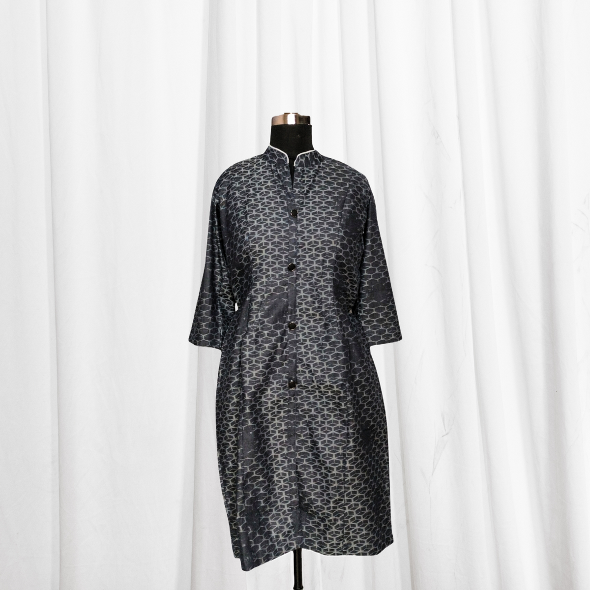 Black Printed Cotton A-line Button-Down Dress - Lataree