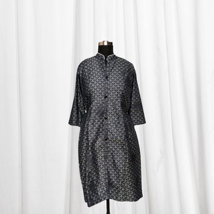 Black Printed Cotton A-line Button-Down Dress - Lataree