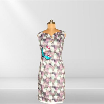 LATAREE Abstract Print Bodycon Dress with Handcrafted Swan Embroidery – Artistic & Premium