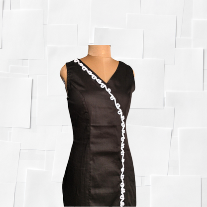 Black cotton Wrap-Style A-line Dress with White Embroidered Trim - Lataree