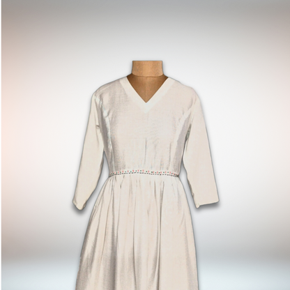 White V-Neck Midi Dress with Embroidered Waistline - Lataree