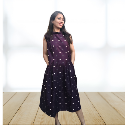 LATAREE Purple Sleeveless Midi Dress with Geometric Print and Pockets – Unique Designer Casual Wear
