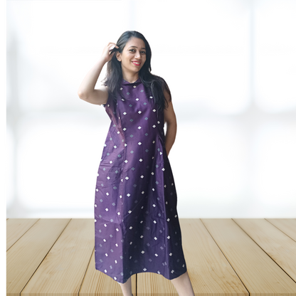 LATAREE Purple Sleeveless Midi Dress with Geometric Print and Pockets – Unique Designer Casual Wear